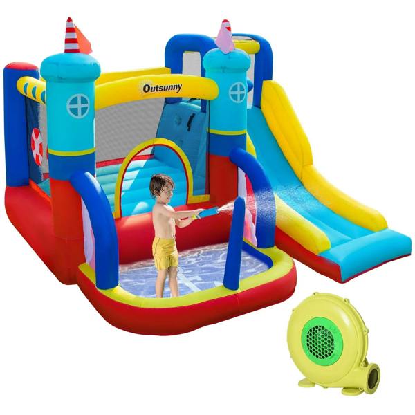 Kids inflatable bouncy castle with slide, climbing wall, and water play pool, multi-color