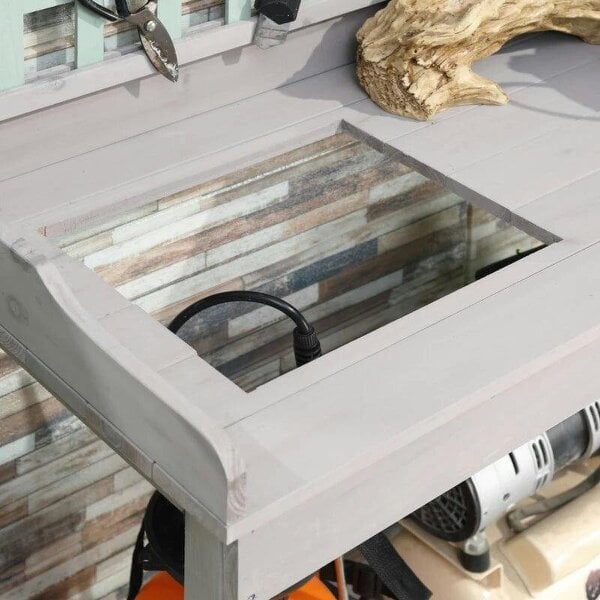 Garden Potting Table with Sink, Blackboard and Drawer, Wooden Planting Work Bench Workstation Outdoor Tool Storage Shelves