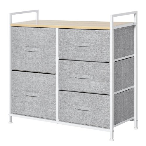 Wyld Haus Vepapa White Metal And Grey Fabric 5 Drawer Linen Basket Storage Unit With Natural Wooden Top Shelf