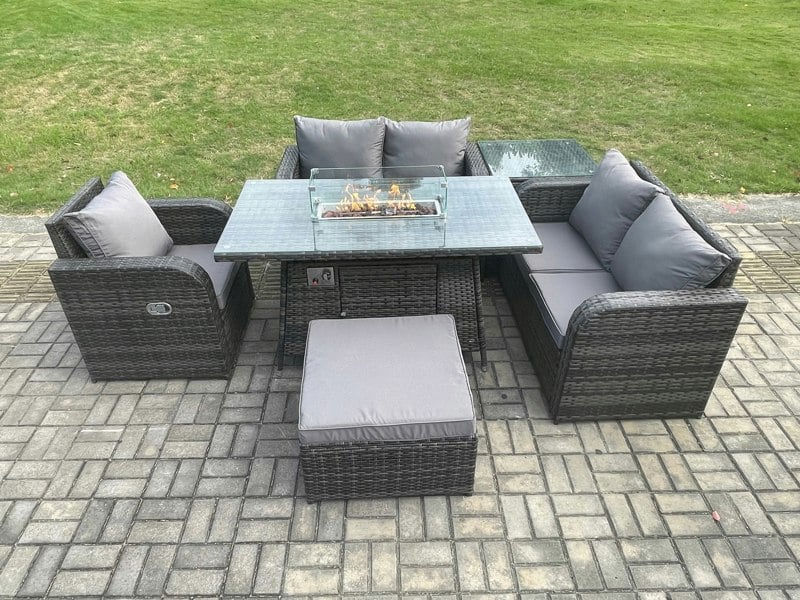 Fimous Patio Rattan Garden Furniture Set with Gas Fire Pit Dining Table,Big Footstool and Side Table Indoor Outdoor 6 piece Love Sofa set