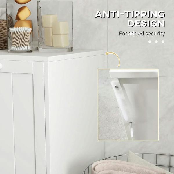 White cabinet with anti-tip hardware attachment under the base for added security.