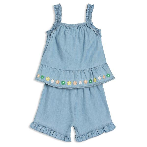 Mini Cuddles Baby Girls Floral Embroidered 2pc Set, Blue