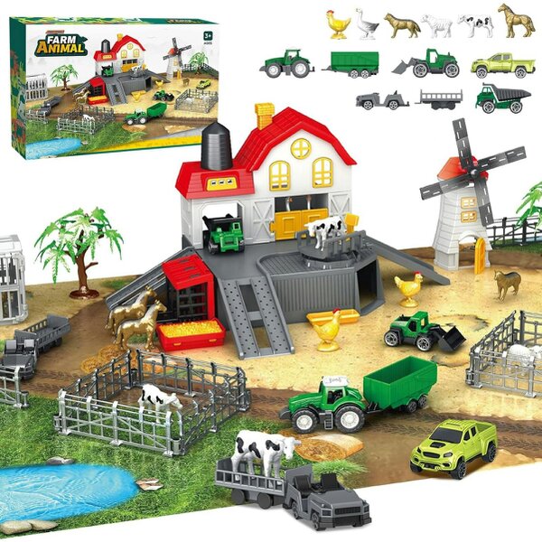 deAO Toys 39PCS DIY Farm Animal Playset with Tractor Vehicles, Barn, Fences & Large Play Mat – Educational Farm Toy for Kids Ages 3+