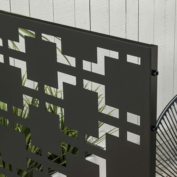 Black metal privacy screen divider side view with geometric pattern and mounting holes