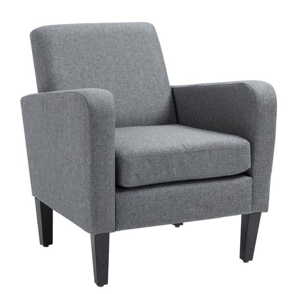 Grey upholstered accent chair with armrests and a thick padded seat