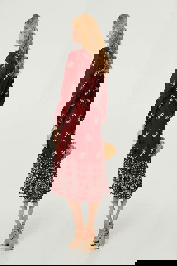 Red | Embroidered Long Sleeve Midi Dress