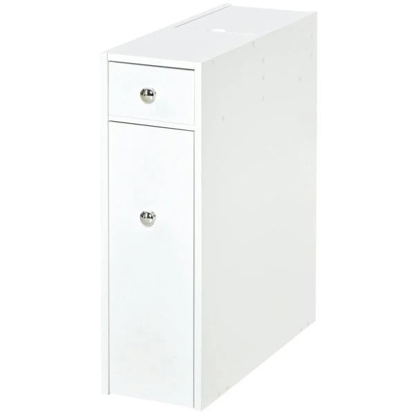 White slim bathroom floor cabinet with two drawers and a tall side door