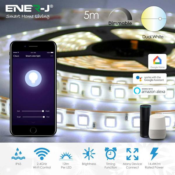 ENER-J 5M WiFi LED Strip Kit with 6A Adapter, CCT Changing & Dimmable, IP65, Works with Alexa, Google Home, iOS & Android
