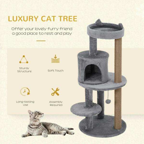 Grey plush luxury cat tree with condo bed, platforms, and a hanging ball toy