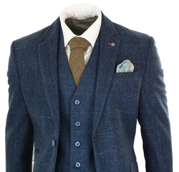 House of Cavani Mens 3 Piece Navy Blue Tweed Herringbone Vintage Classic Suit