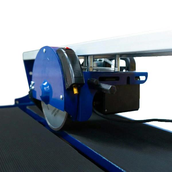 Wet tile cutter bench with a blue motor, 720mm cutting capacity, and textured black surface for stability and precision cutting