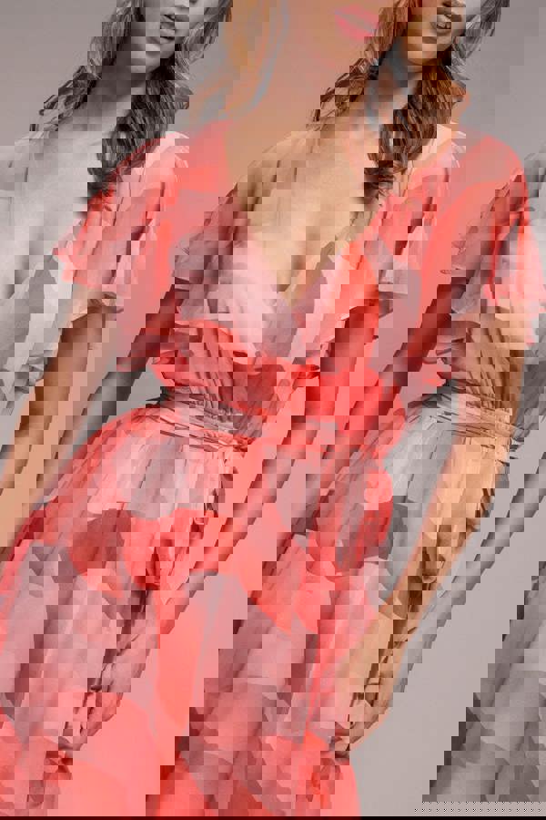 Printed Flutter Sleeve Chiffon Midi Dress - Coral DR4515