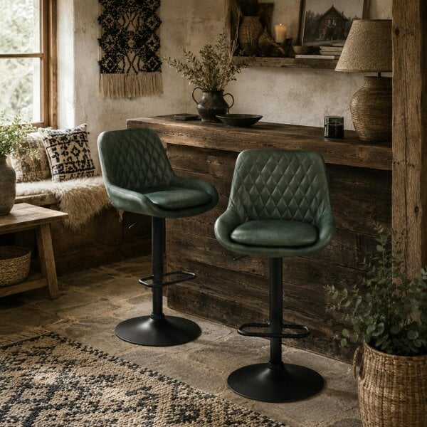 Wyld Haus Milosu Fabric Green Adjustable Retro Bar Stools Set Of 2 With Swivel Seats