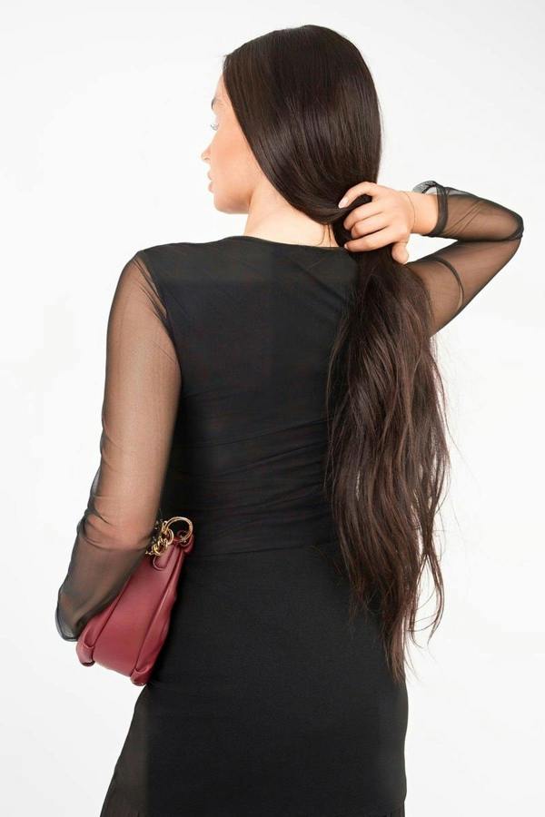 Maelys Mesh Long Sleeve Ruched Longline Top - Black