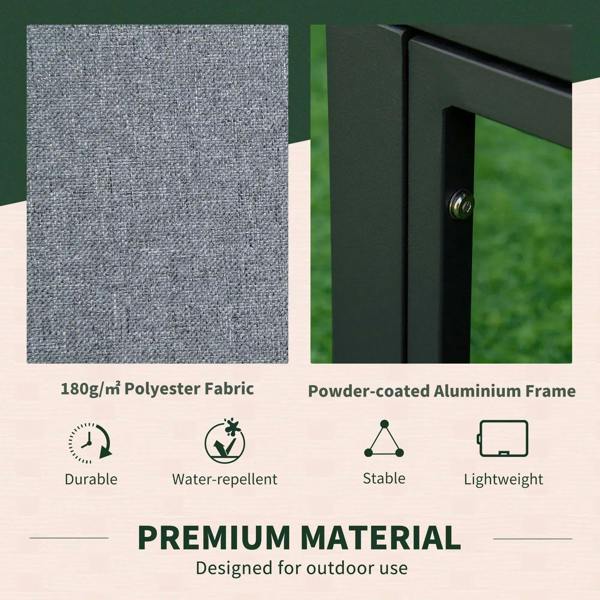 Grey polyester fabric swatch and powder-coated aluminum frame sample for outdoor furniture