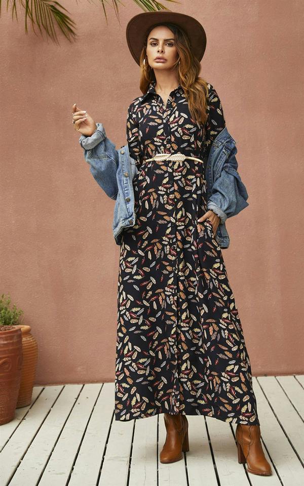 FS Collection Leaf Print Black Shirt Dress With Tie Waist + Free Gold Stretch Leaf Belt