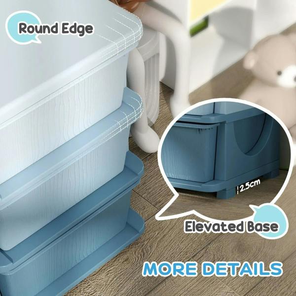 Light blue kids storage unit with rounded edges and elevated base for easy access