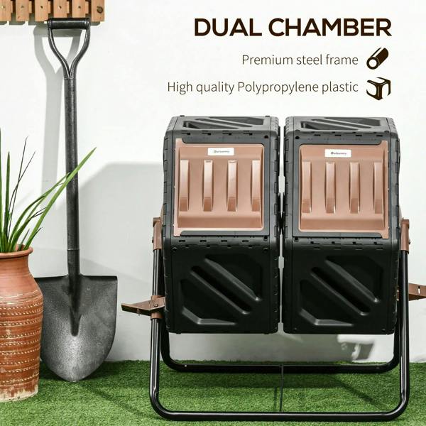 Black dual-chamber composter with sturdy metal frame and two tan access doors