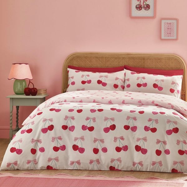 Catherine Lansfield Cherries and Bows Reversible Duvet Cover Set Pink