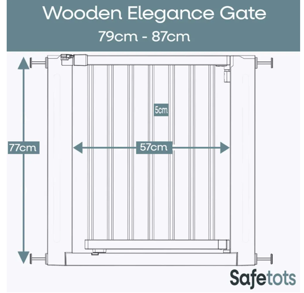 Safetots Wooden Elegance Gate, White, 79cm - 87cm, Pressure Fit Safety Gate, 57cm Extra Wide Doorway, Easy Installation