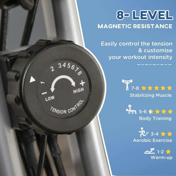 Close-up of resistance dial labeled 8 levels on the grey exercise bike frame