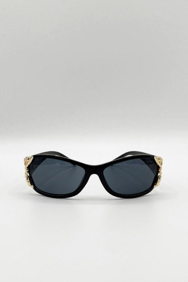Vintage Wrap Around With Butterfly Detail Sunglasses In Black - svnx