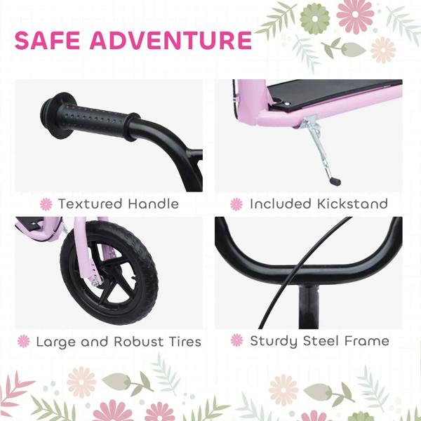 Pink scooter with textured black handlebars, kickstand, and sturdy steel frame