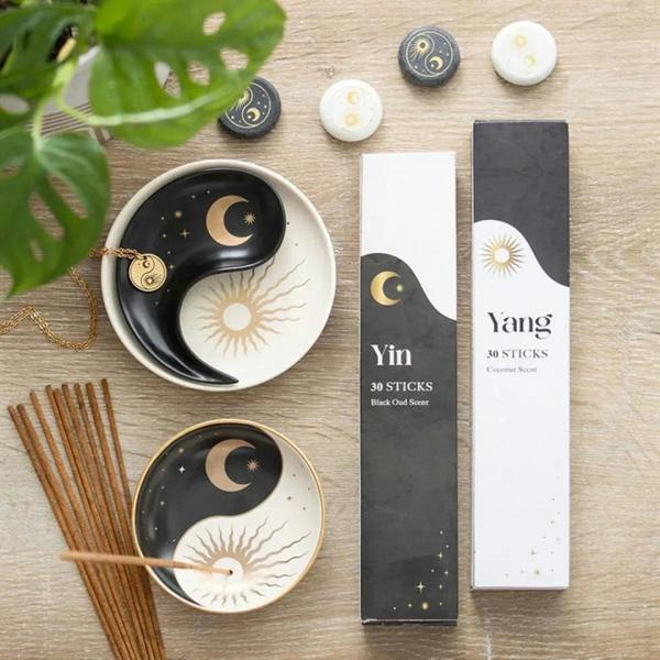 Set of two yin-yang incense stick packs with incense sticks and yin-yang dish holders
