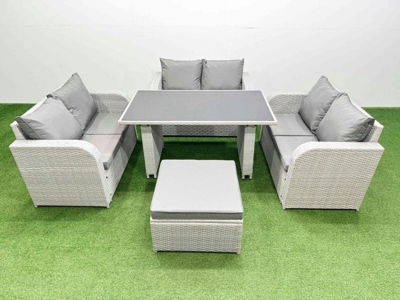 Fimous 7 Seater Patio Garden Furniture Sets with Black Glass Top Dining Table Love Sofa Big Stool Light Grey