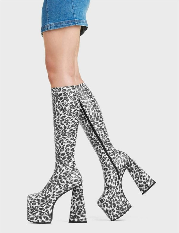 Lamoda Smokeshow Platform Knee High Boots Leopard LEO PU, Bold Animal Boots