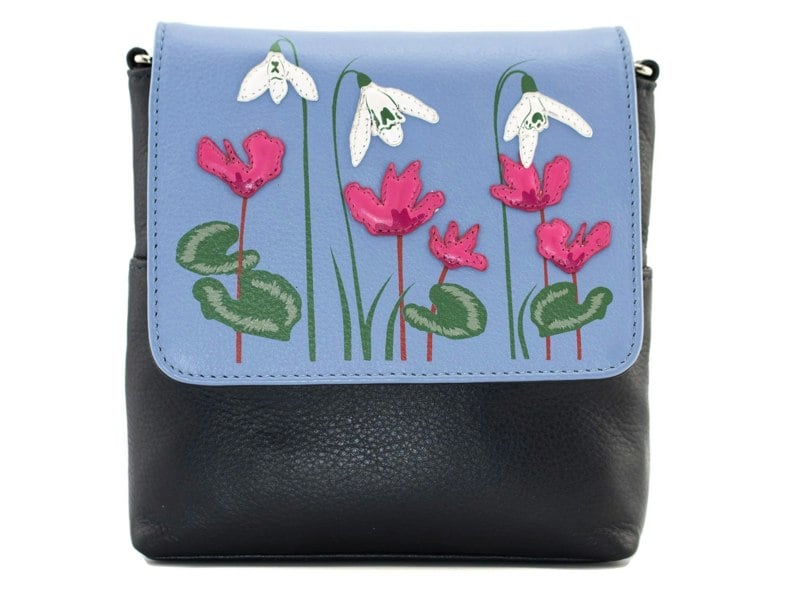 Mala Leather Snowdrop Leather Floral Small Crossbody Bag with White & Pink Appliqué Flowers