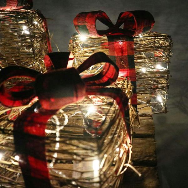 Set of 3 Light Up Christmas Rattan Parcels with Warm White LED Glow for Rustic Seasonal Home Decor image 2