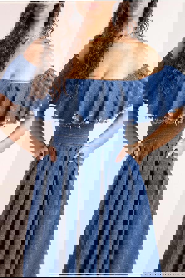 Denim Frilled Bardot High Low Dress - Blue Denim DR4165