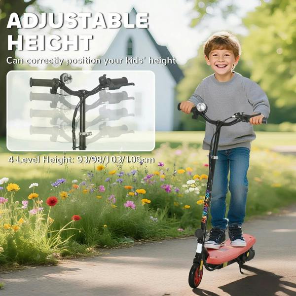 Red electric kids scooter with adjustable-height handlebar, child riding forward.