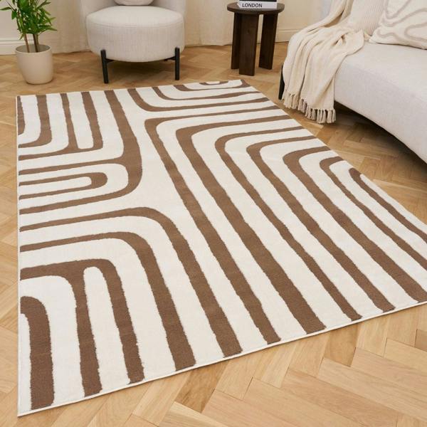 Patterned rug on a wooden floor with a living room setting