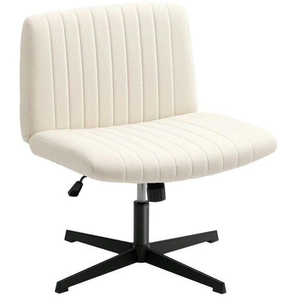 Bobobiy Armless Office Chair No Wheels, Linen Fabric Criss Cross Legged Desk Chair with Wide Seat, Height Adjustable Swivel Computer Seat, Cream