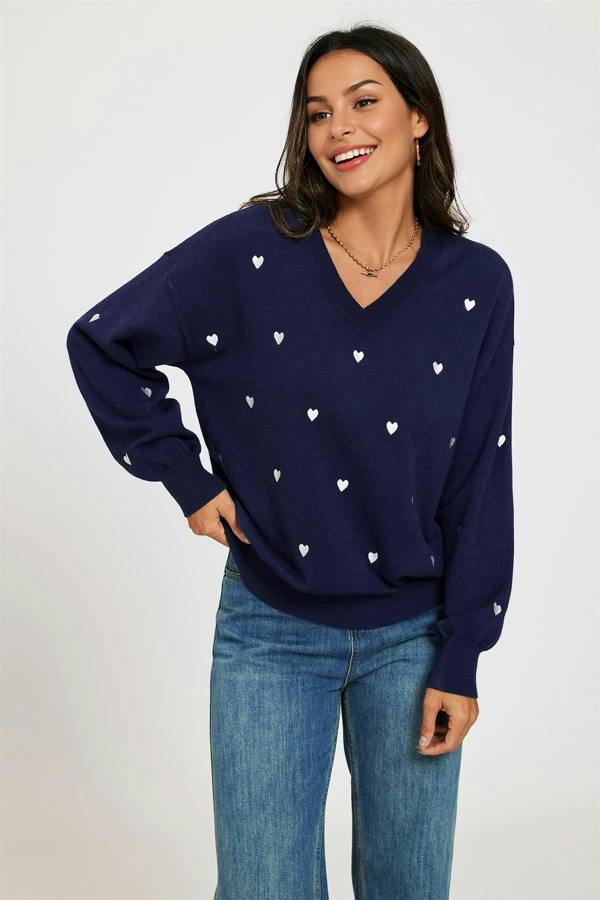 FS Collection Embroidery White Heart V Neck Jumper In Navy