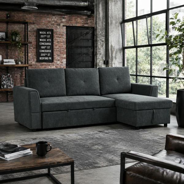Wyld Haus Moso Dark Grey Fabric 3 Seater Pull Out Sofa Bed With Hidden Storage