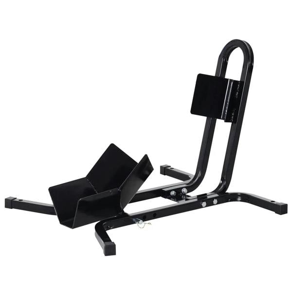Black steel motorcycle front wheel chock stand with locking loop and angled base