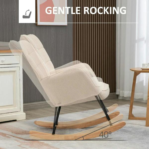 Beige wingback rocking chair with soft fleece upholstery and curved wooden rockers