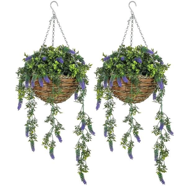 Set of 2 purple faux lavender hanging plants in wicker baskets