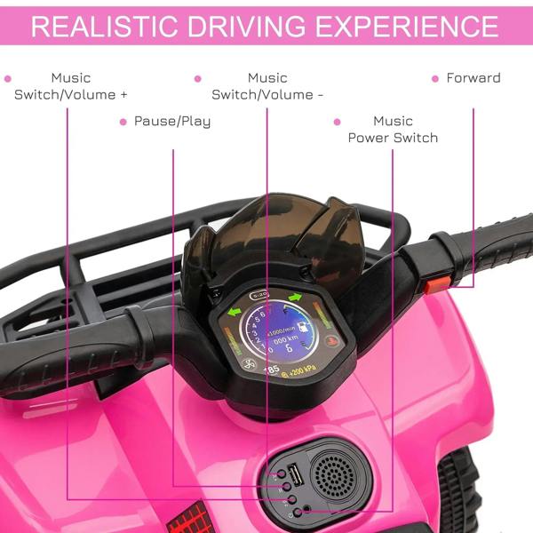 Pink kids electric ride-on quad bike control panel with music and forward switches