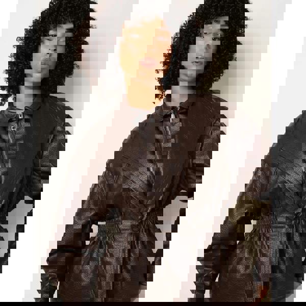 Blue Vanilla Collared Shirred Waist Faux Leather Jacket