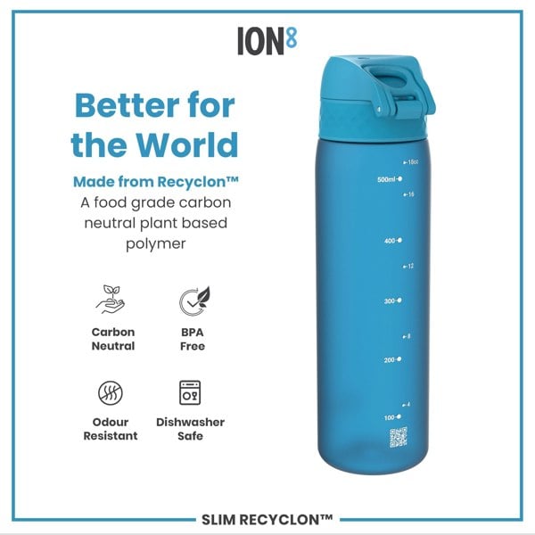 A blue water bottle sits against a white background. It is made from a plant-based polymer, is BPA-free, odour-resistant, and dishwasher-safe. The bottle displays volume markings in milliliters and ounces. The text also reads “Better for the World,” “Made from Recyclon™,” “Carbon Neutral,” and “BPA Free.”