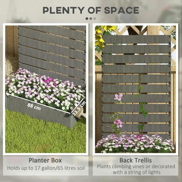 Dark grey planter box and back trellis with flowering plants in outdoor setting.