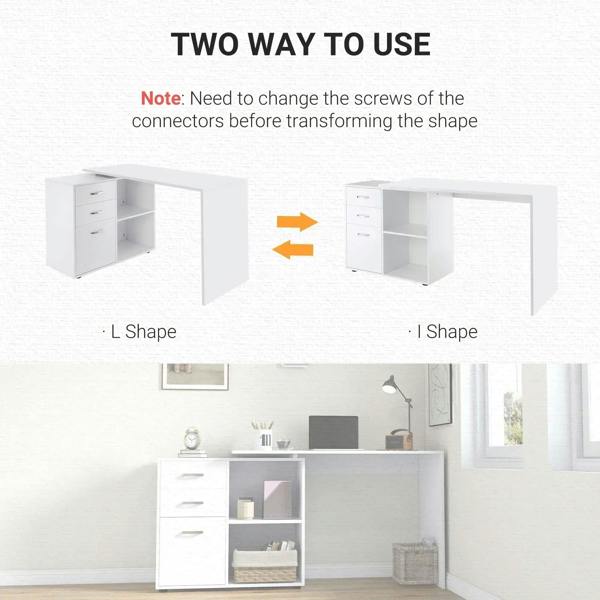White L-shaped desk shown in two configurations, with connector area for shape change.