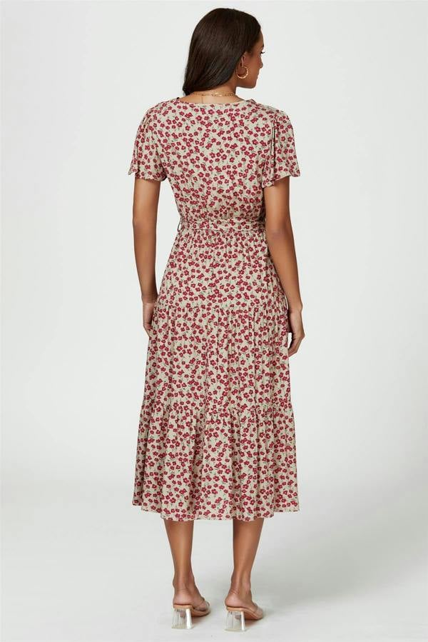FS Collection Pink Floral Print Wrap Midi Dress In Beige