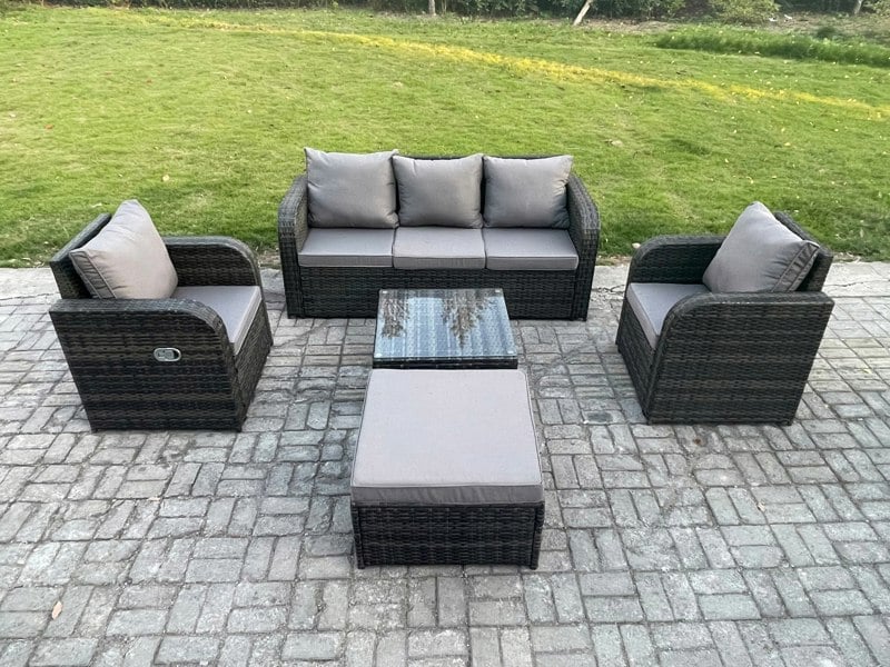 Fimous Garden Furniture Sets 6 Seater Wicker Rattan Furniture Patio Sofa Sets with Reclining Chair 3 Seater Sofa Big Footstool Dark Grey Mixed
