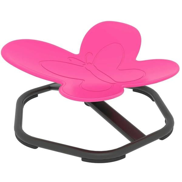 Pink butterfly-shaped kids swivel chair with rounded seat and gray swivel base
