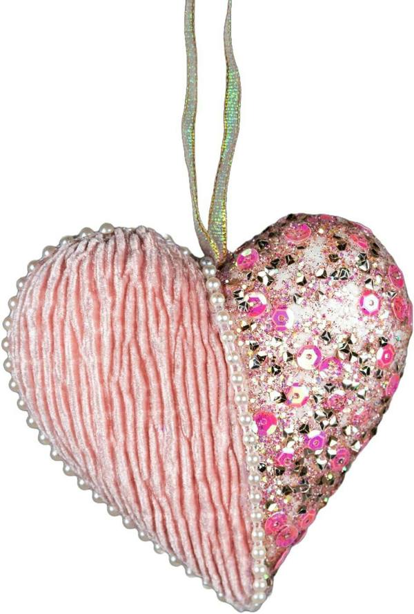 12cm Baby Pink Heart Christmas Hanging Decorations Set of 3 with Glitter, Pearls and Sequins image 2